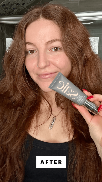 Gulino after applying the Saie Slip Tint SPF 35 Tinted Moisturizer