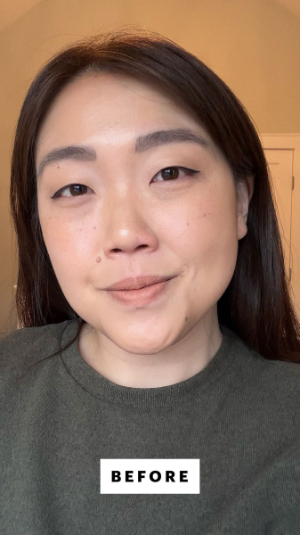 Allure contributing commerce writer Christa Joanna Lee before applying the CoverGirl TruBlend Skin Enhancer Baked...