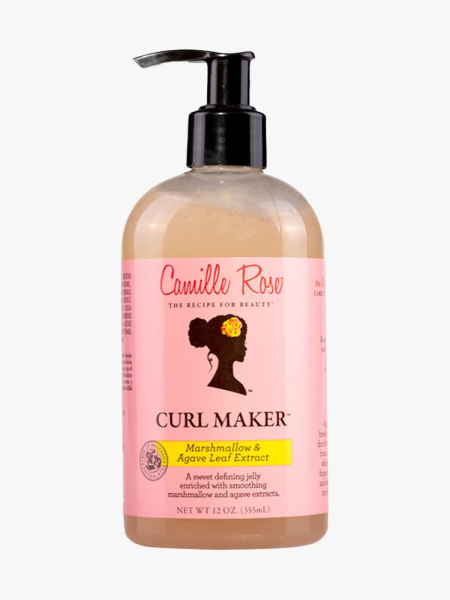 Camille Rose Curl Maker Defining Gel bottle of peach hair gel with pink label and black pump cap on light gray background